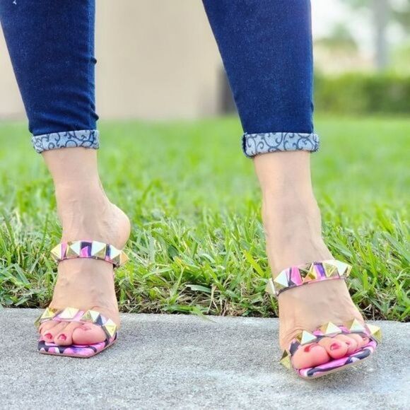 Women's Pink Studded High Heel Square Open Toe Shoes - Picture 5 of 6